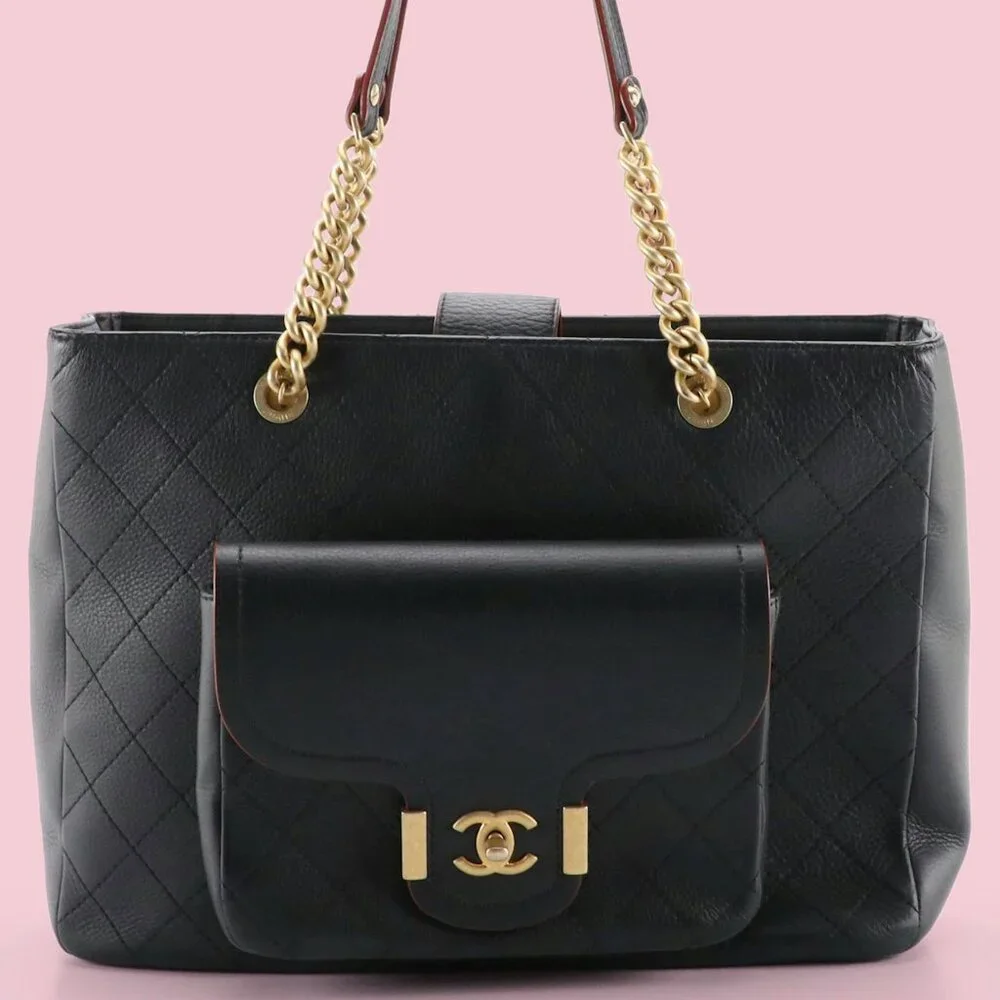 Chanel Black Calfskin Stitched Archi Chic Large Shopping Tote